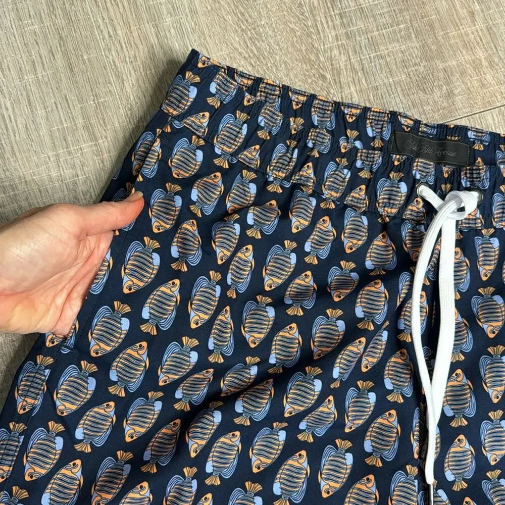 SAKS FIFTH AVENUE Men's Navy Blue Orange Fish Patterned Swim Shorts Trunks